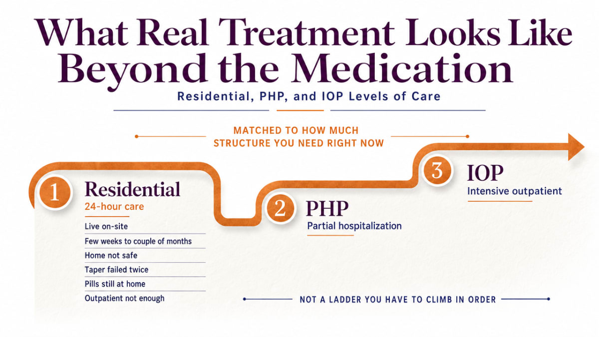 Visualize the three levels of care (residential, PHP, IOP) described in this section as a stepped care continuum, since the article explicitly walks through each level and their typical use cases