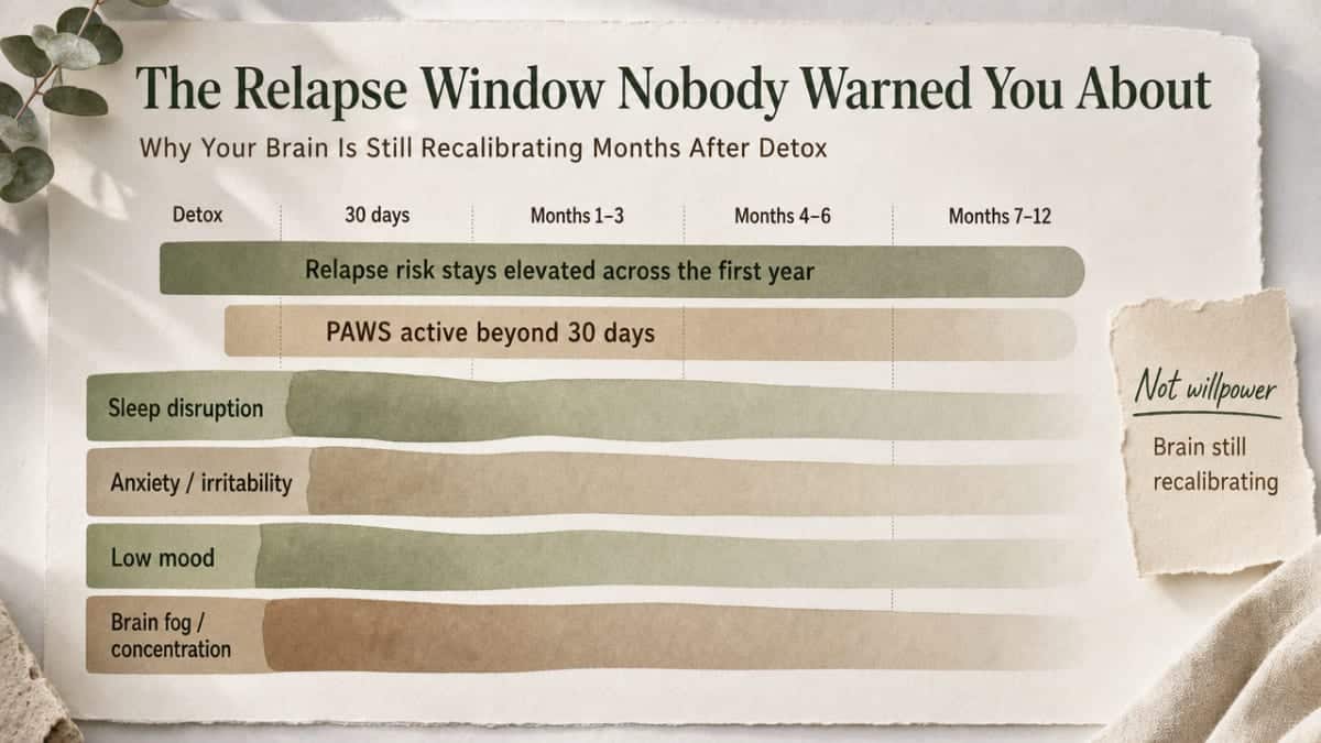 Visualize the PAWS symptom cluster and first-year relapse window described in this section, showing how the four core symptoms persist across months in a way that maps to the cited timeline