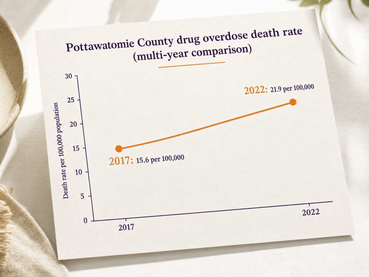 Chart showing Pottawatomie County drug overdose death rate (multi-year comparison)