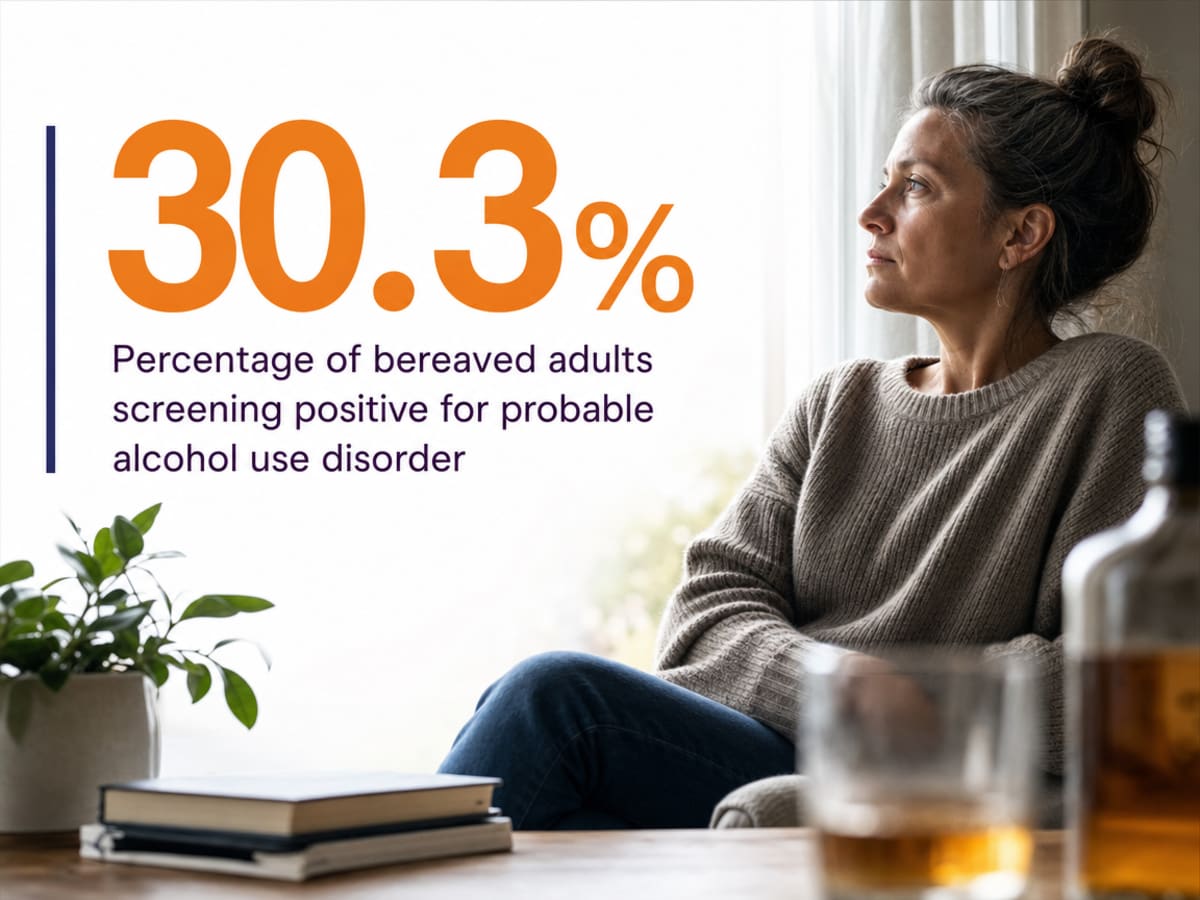Infographic showing Percentage of bereaved adults screening positive for probable alcohol use disorder