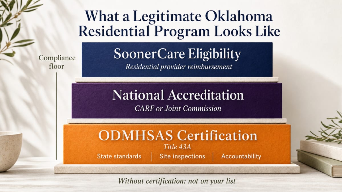 Visualize the regulatory stack (ODMHSAS certification under Title 43A, CARF or Joint Commission accreditation, SoonerCare eligibility) that the section explains as the compliance floor for Oklahoma residential programs