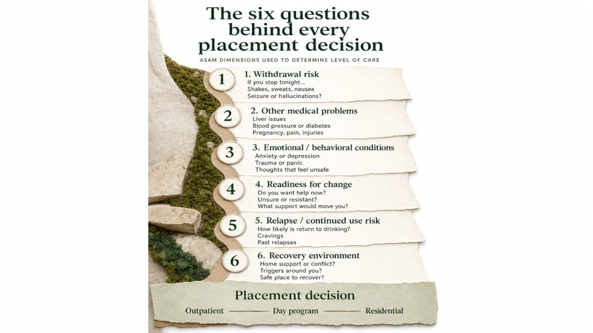 Visualize the six ASAM dimensions clinicians use to determine level of care, directly supporting the section's cited framework