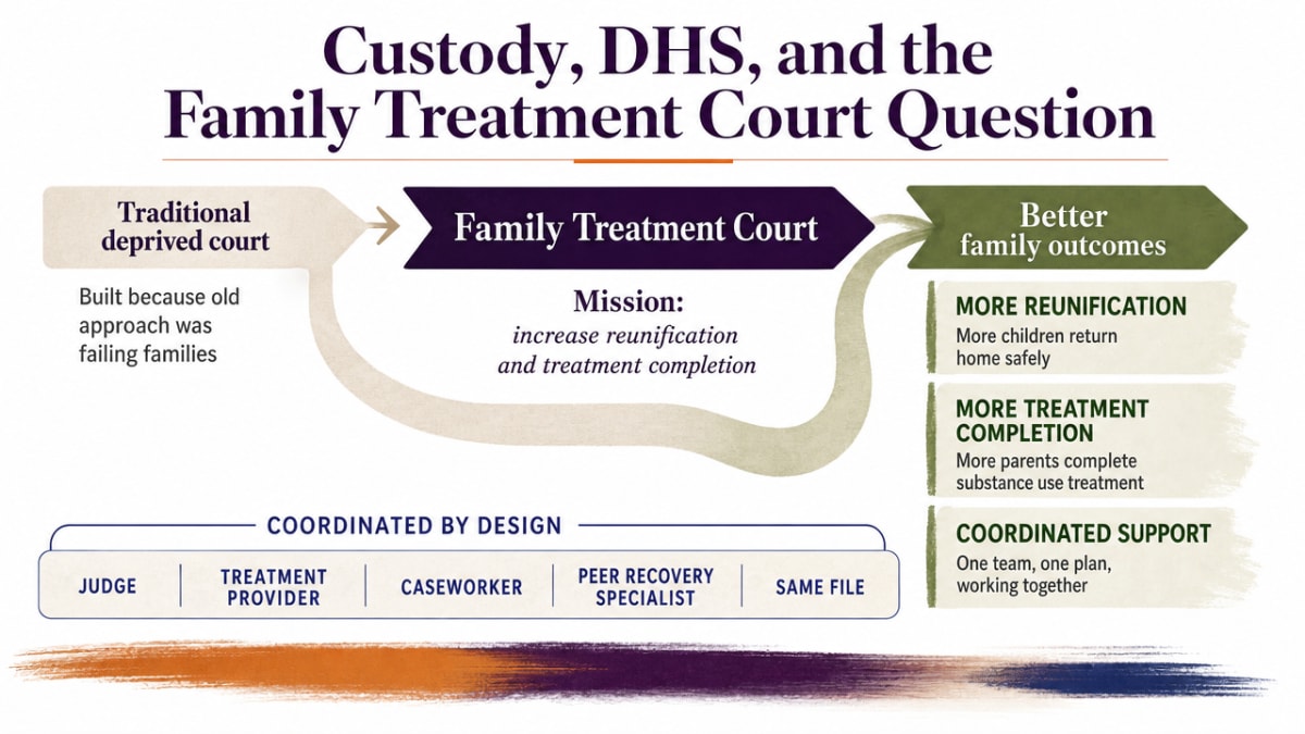 Visualize the three cited Family Treatment Court outcome statistics from the NIJ Oklahoma study, which are stated in the surrounding prose