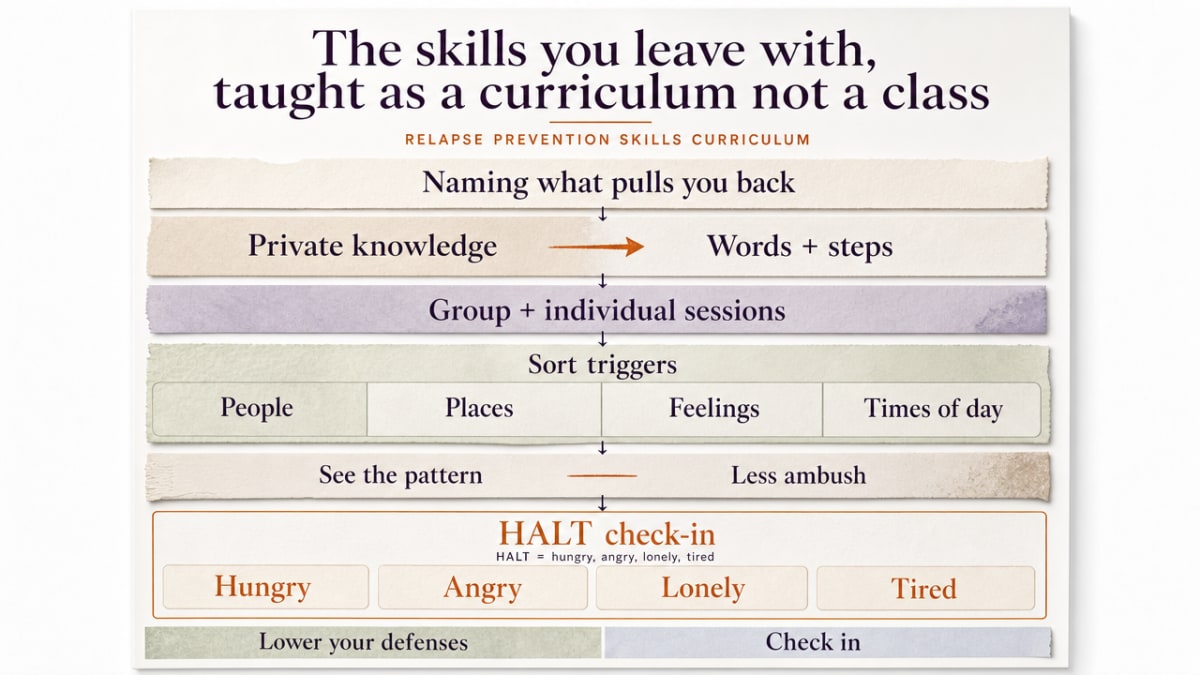 Illustrate the concrete relapse prevention skills curriculum taught in residential care, mapping the section's cited SAMHSA and NIDA-informed skills into a memorable framework