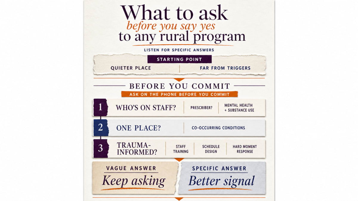 Process infographic summarizing the specific questions the section instructs readers to ask a rural facility before committing, mirroring the article's checklist structure