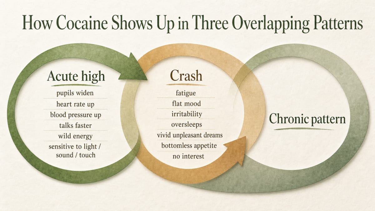 Visualize the three distinct phases the section describes (acute high, crash, chronic pattern) so readers can map the contradictory signs they see onto a coherent cycle