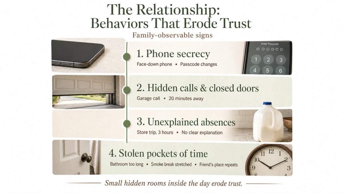 Consolidate the four family-observable behavioral signs the section walks through into a scannable reference, reinforcing the clinical checklist cited in the prose