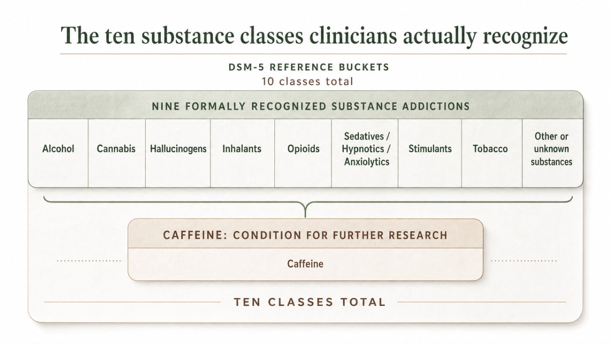 Visualize the DSM-5's ten substance classes described in the section as a clean reference grid