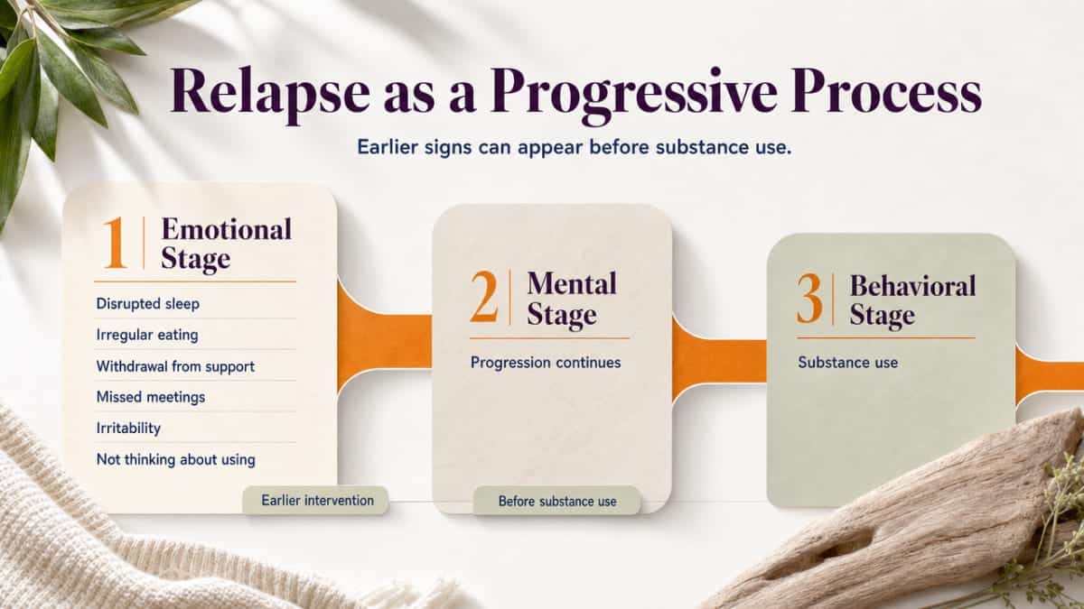 Visualize the three-stage relapse process (emotional, mental, behavioral) explicitly outlined in this section, showing that relapse begins before substance use