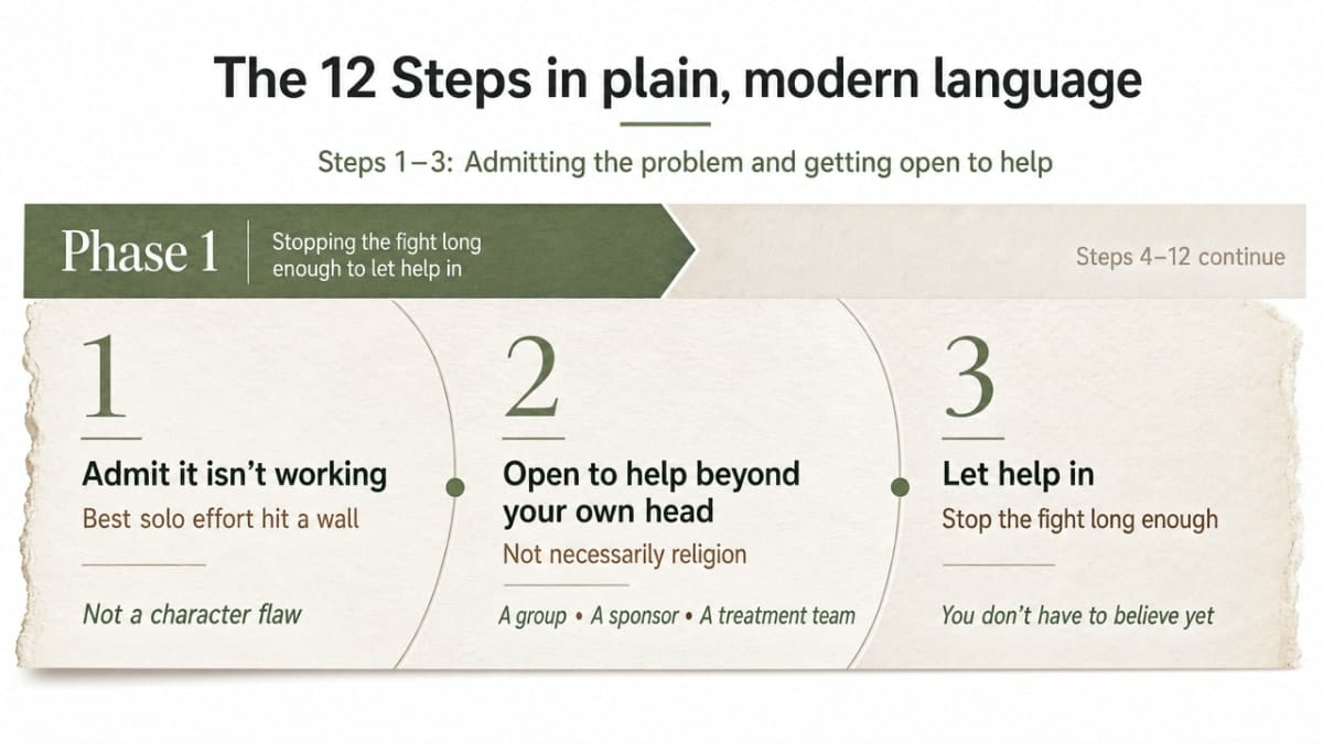 Visualize the three-phase structure of the 12 Steps as described in the section's subheadings, giving readers a clear map of the framework in plain modern language