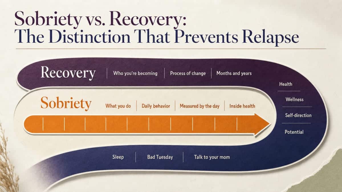 Visualize the core conceptual distinction the section makes between sobriety (a daily behavior) and recovery (a broader process), aligned with SAMHSA and NIAAA framings cited in the section