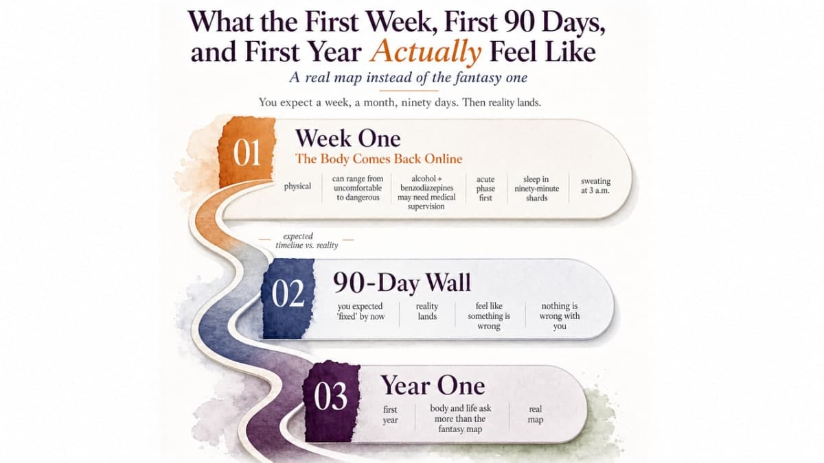 Process infographic visualizing the three time-based stages the section explicitly walks through: Week One, 90-Day Wall, Year One