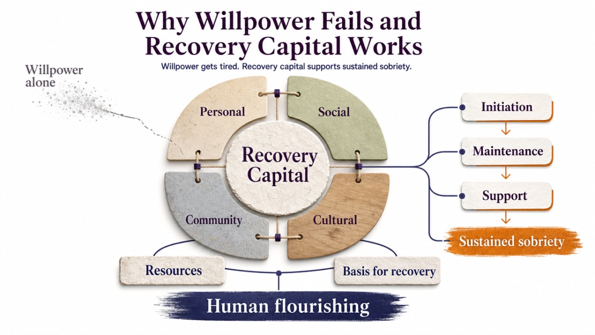 Process/framework infographic visualizing the four quadrants of recovery capital explicitly described in the section (personal, social, community, cultural), supporting the cited concept from recovery capital research