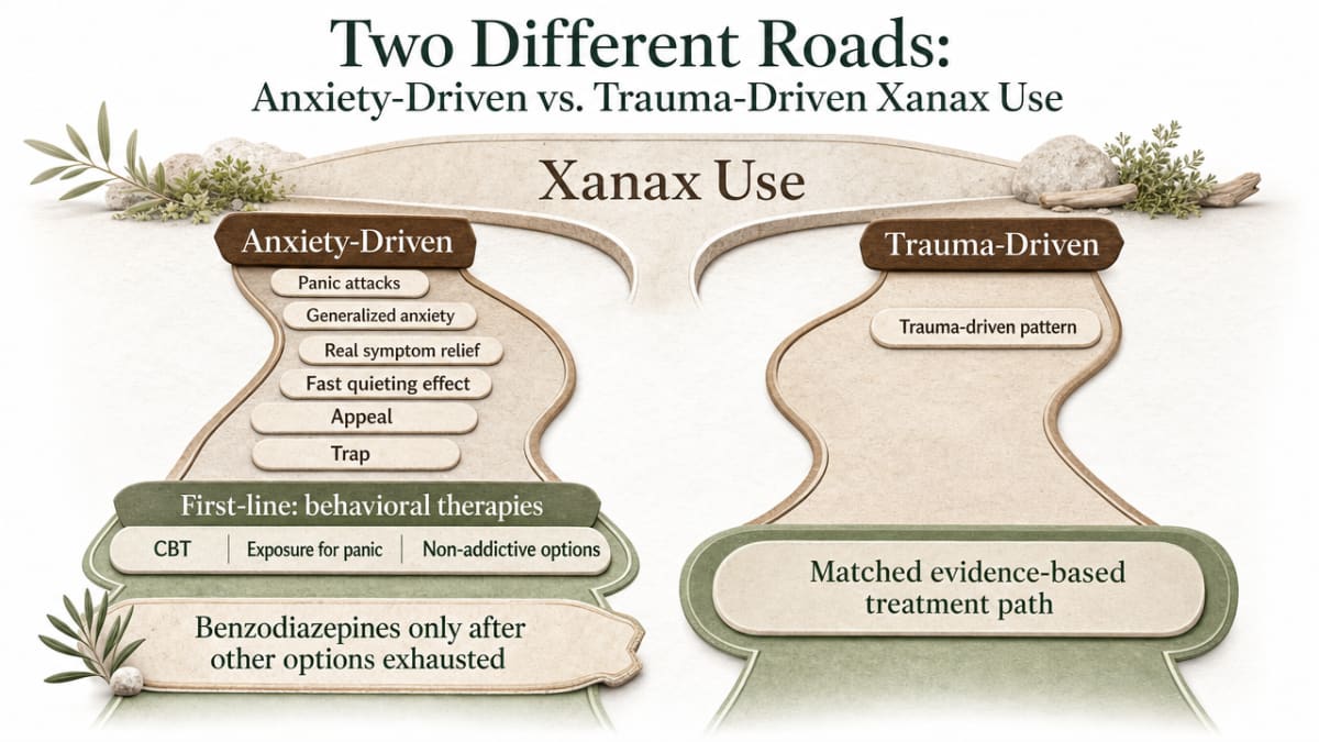 Visualize the section's core comparison between anxiety-driven and trauma-driven Xanax use and their matched evidence-based treatment paths