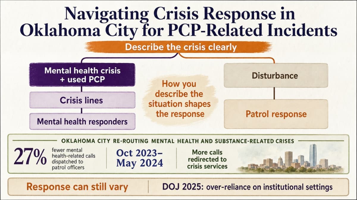 Visualize the decision framework for calling 988 vs 911 during a PCP-related crisis, matching the section's practical guidance