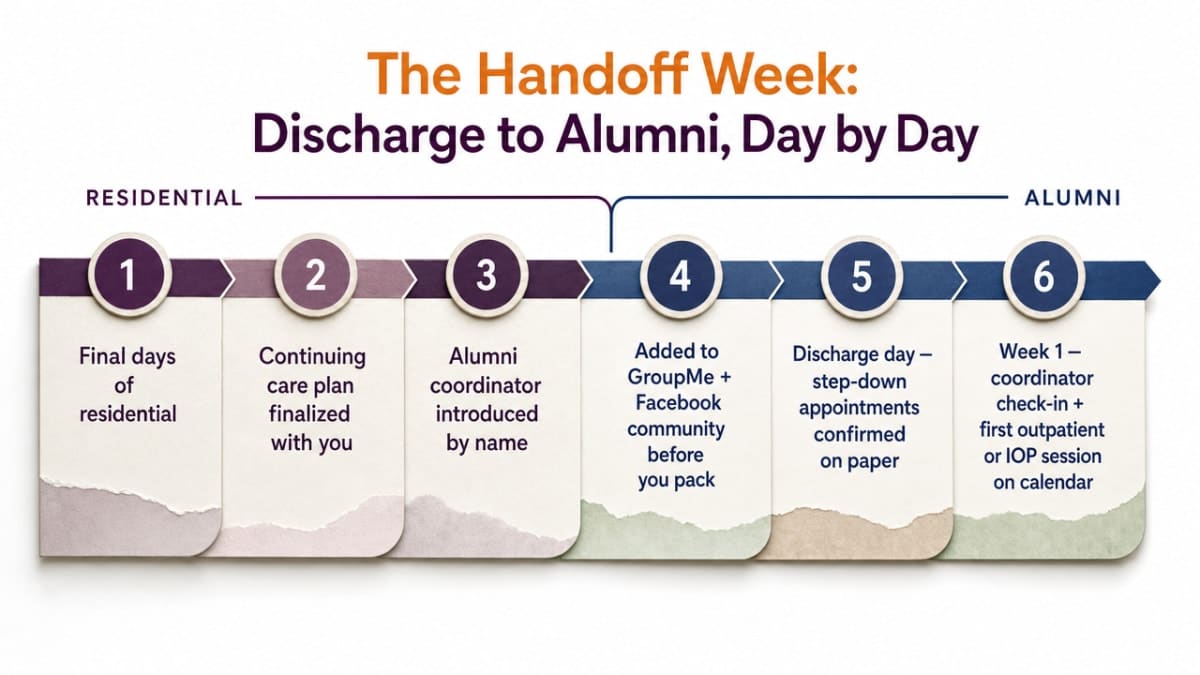 Visualize the discharge-to-alumni cadence described in the section as a timeline, giving readers a scannable version of the six-step handoff schedule