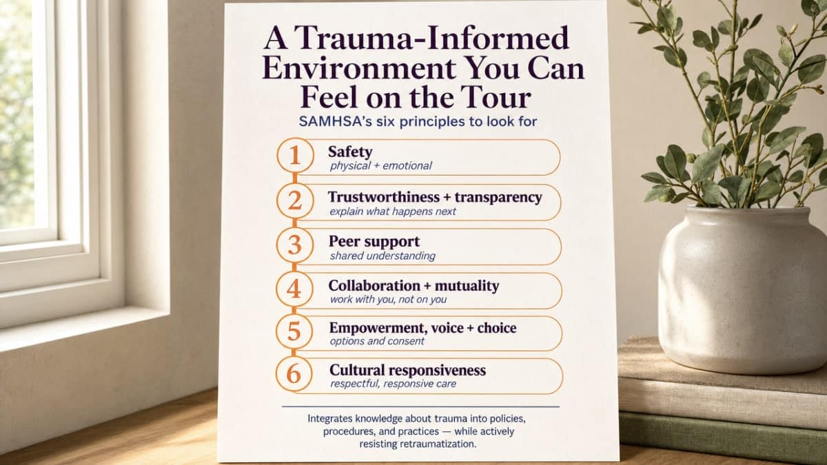 Visualize SAMHSA's six trauma-informed care principles that the section explicitly lists and cites, giving readers a scannable framework