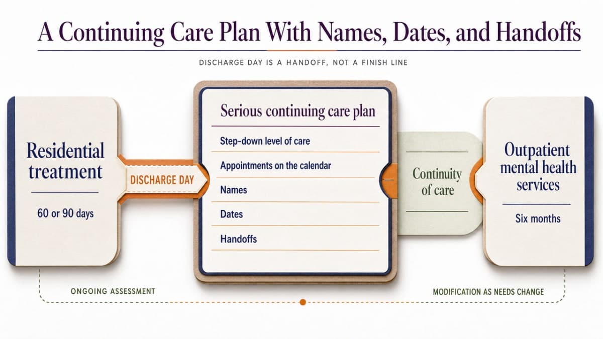 Visualize the section's described discharge handoff workflow — a process infographic showing what a real continuing care plan contains