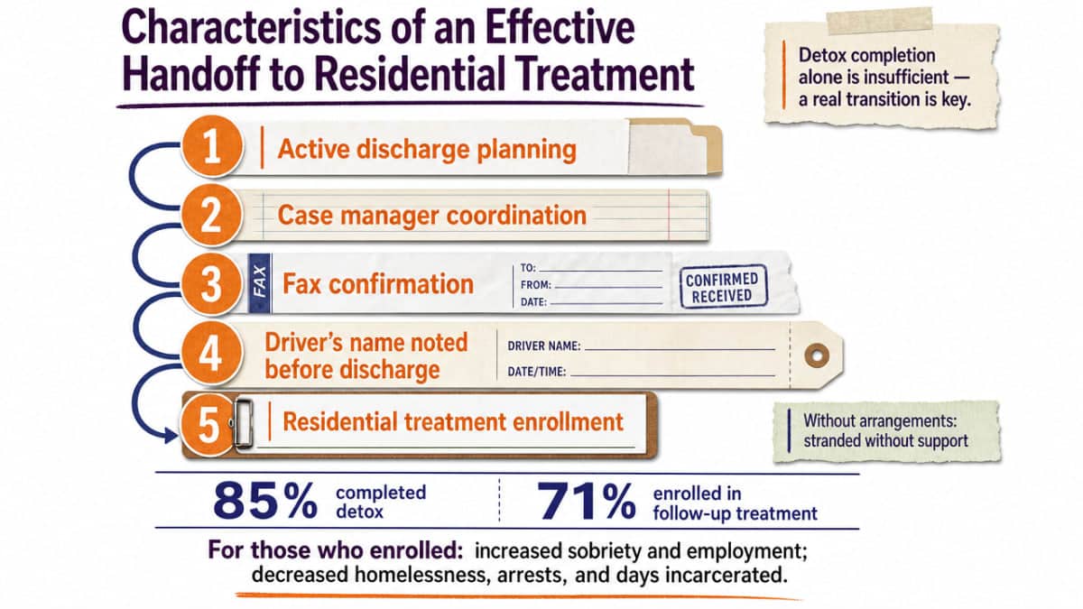 Show the sequential handoff checklist from detox to residential treatment described in this section, based on cited qualitative research on successful transitions