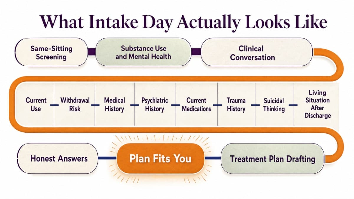 Map the intake-day process described in the section, showing the sequence from screening through treatment plan drafting