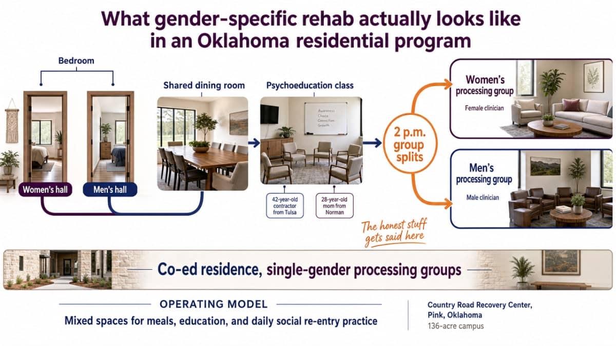 Visualize the co-ed residence with single-gender processing groups operating model described in this section, showing how the daily flow splits and reconverges