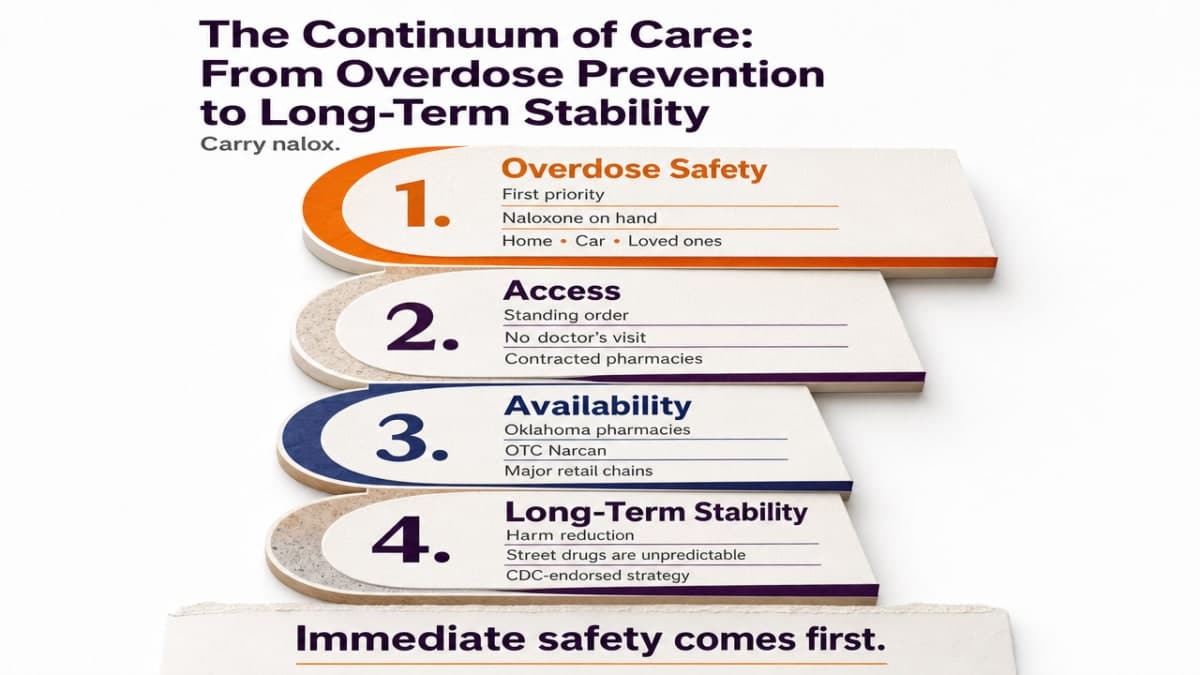Visualize the four-stage continuum of care described in this section, from overdose safety through aftercare, giving readers a clear mental model of the recovery pathway