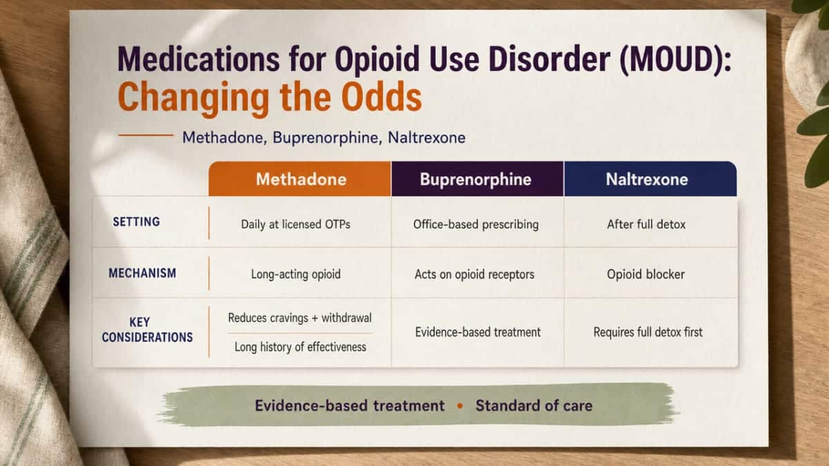 Compare the three FDA-approved MOUD medications discussed in this section (methadone, buprenorphine, naltrexone) across setting, mechanism, and key considerations