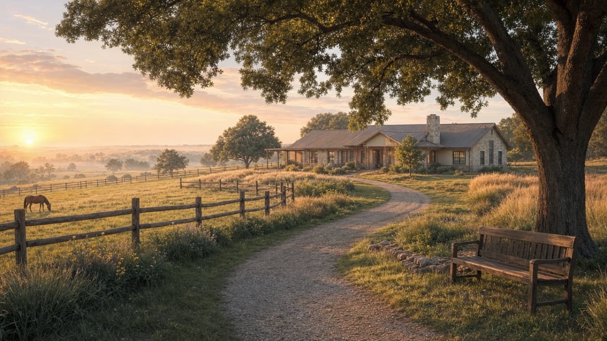 Provide a calming, text-free conceptual scene evoking the structured rural residential setting described in this section, since no chartable data supports a graph here.