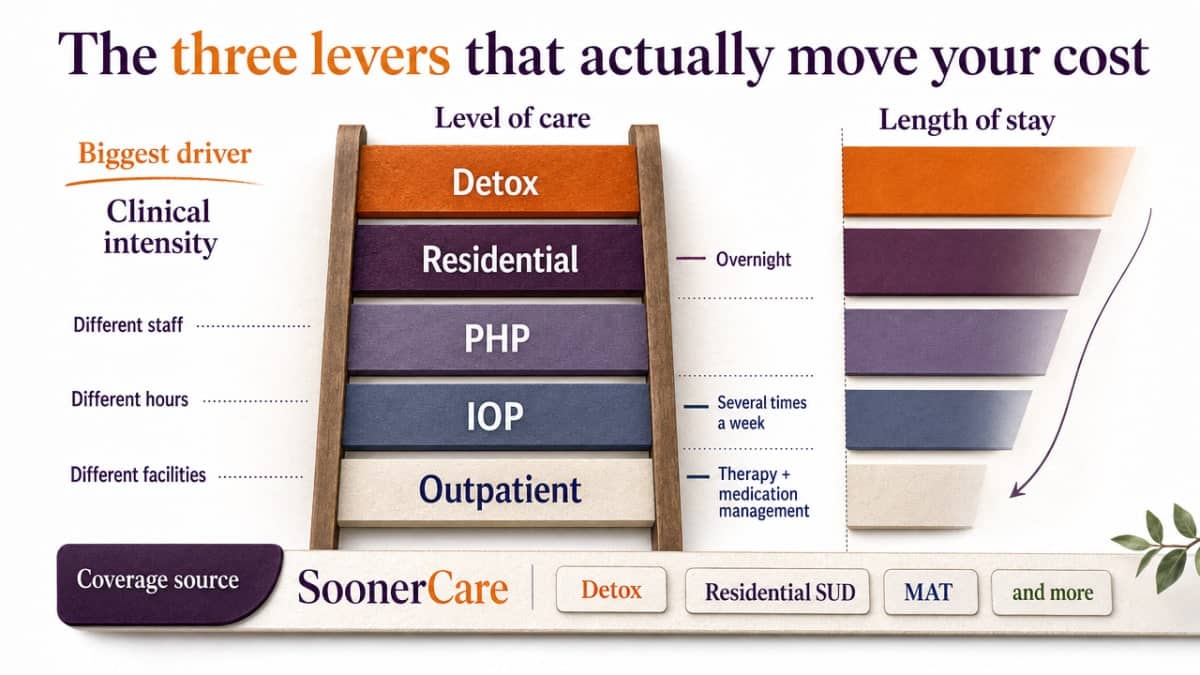 Visualize the three cost-driving levers explained in this section: level of care, length of stay, and coverage source — a framework directly described in the article prose