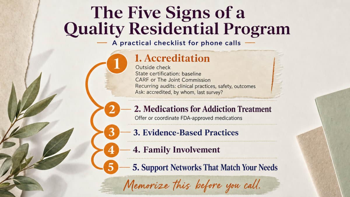 Visualize SAMHSA's five signs of a quality treatment center as a process/checklist framework directly supporting this section's cited criteria