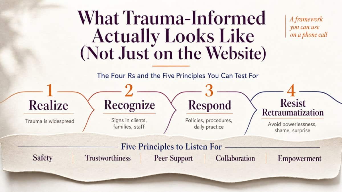 Diagram SAMHSA's Four Rs and Five Principles framework cited in this section so readers can test programs against it