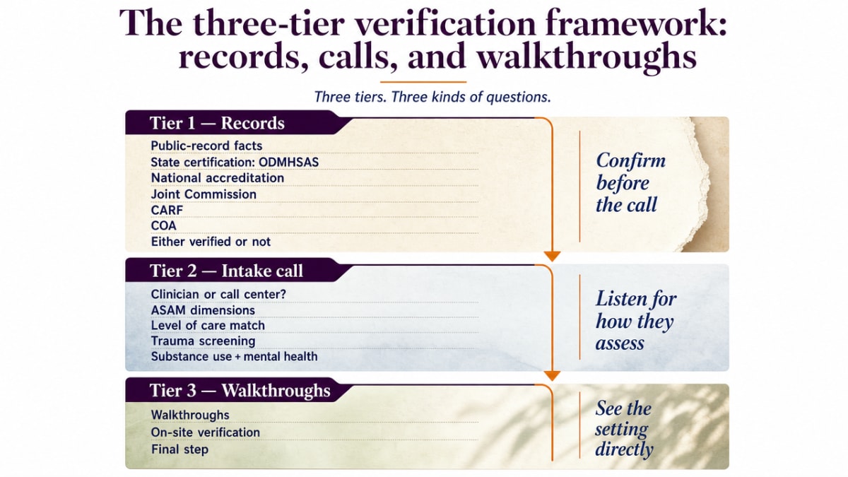 Visualize the three-tier vetting framework explicitly outlined in this section (records, calls, walkthroughs), giving readers a scannable process map that mirrors the article's structure