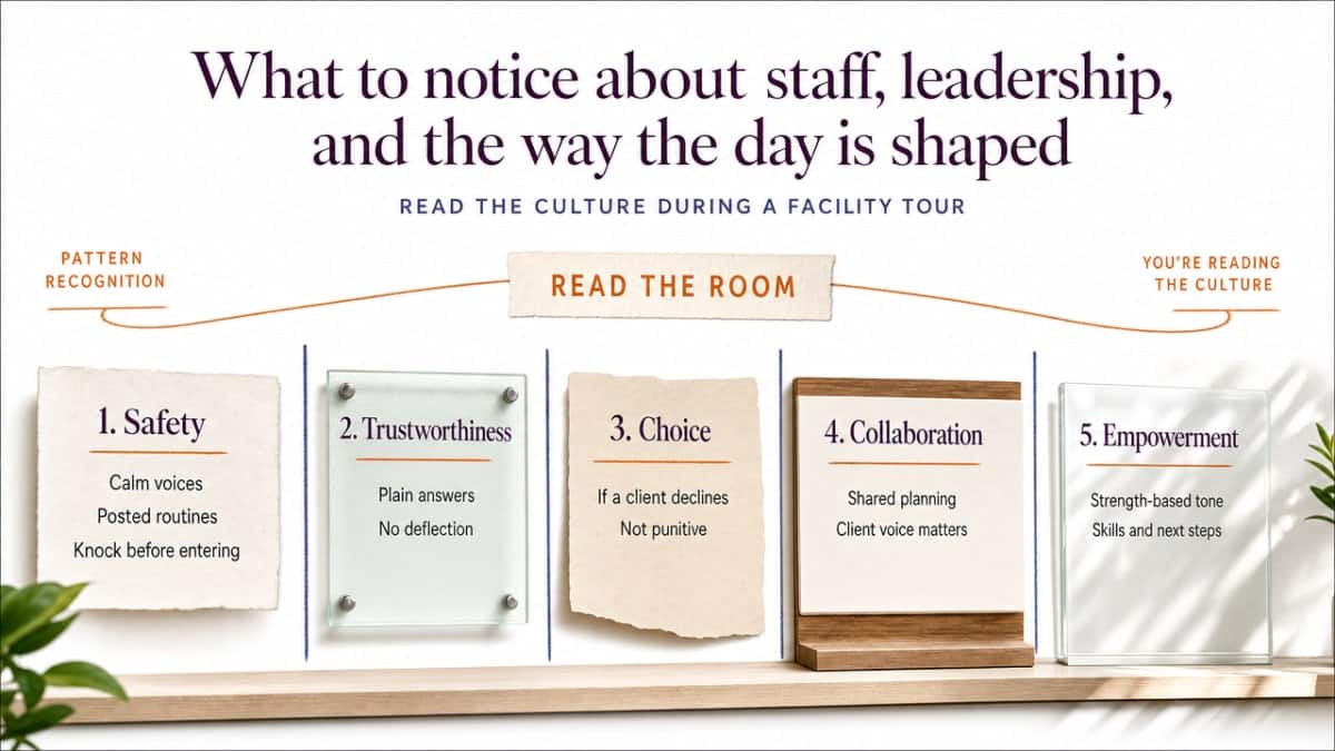 Visualize the five SAMHSA trauma-informed principles referenced in this section so readers can 'read the room' during a facility tour