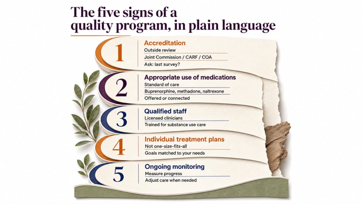 Visualize SAMHSA's five signs of a quality treatment program as a framework infographic, matching the five items enumerated in the section prose