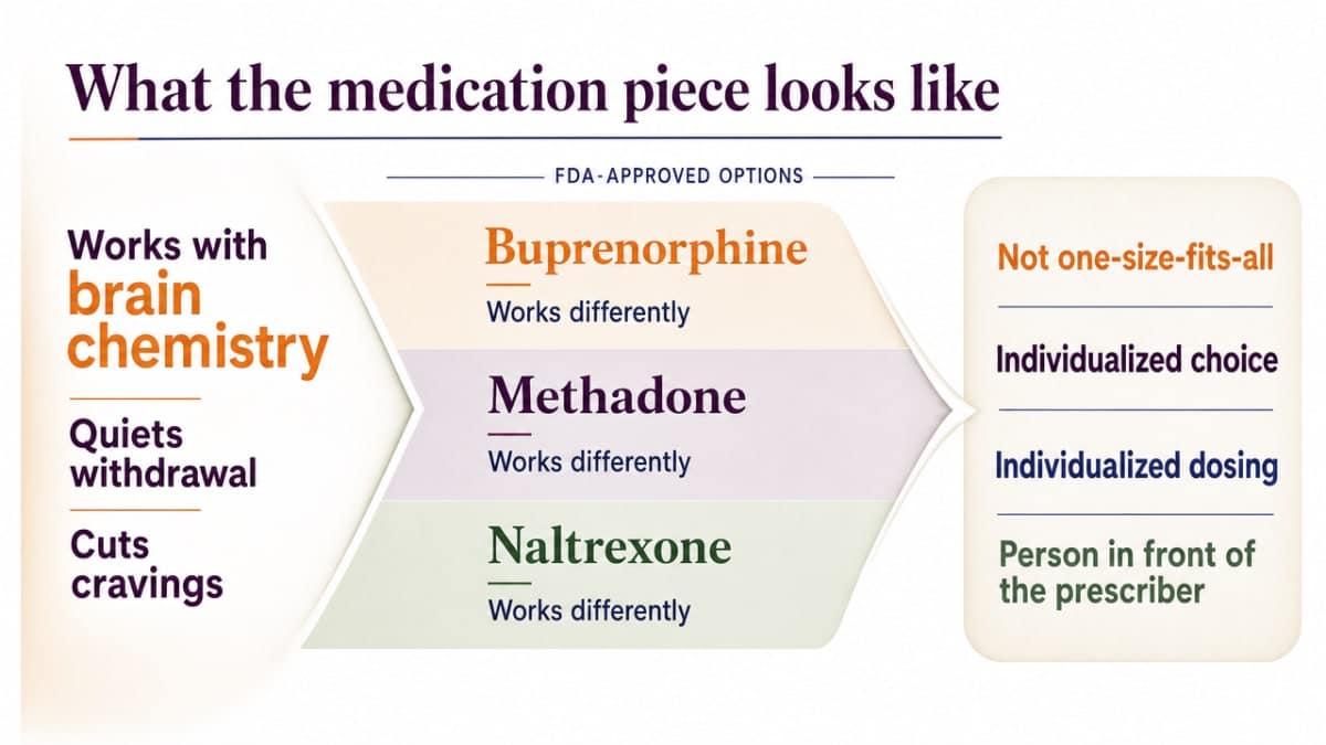 Compare the three FDA-approved medications for opioid use disorder discussed in this section (buprenorphine, methadone, naltrexone), matching the article's own comparison of mechanism and setting