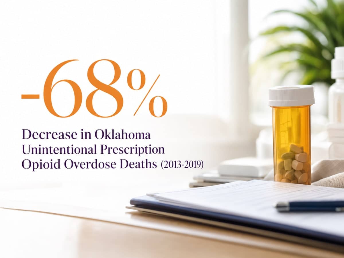 Infographic showing Decrease in Oklahoma Unintentional Prescription Opioid Overdose Deaths (2013-2019)