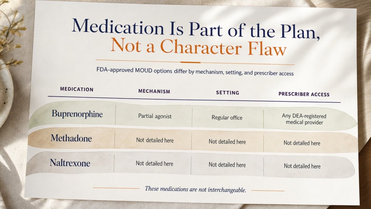 Compare the three FDA-approved MOUD options described in this section (buprenorphine, methadone, naltrexone) across mechanism, setting, and prescriber access