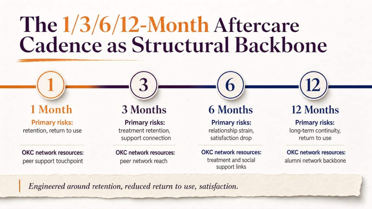 Visualize the 1/3/6/12-month aftercare cadence table from the section, mapping each touchpoint to primary risks and OKC network resources