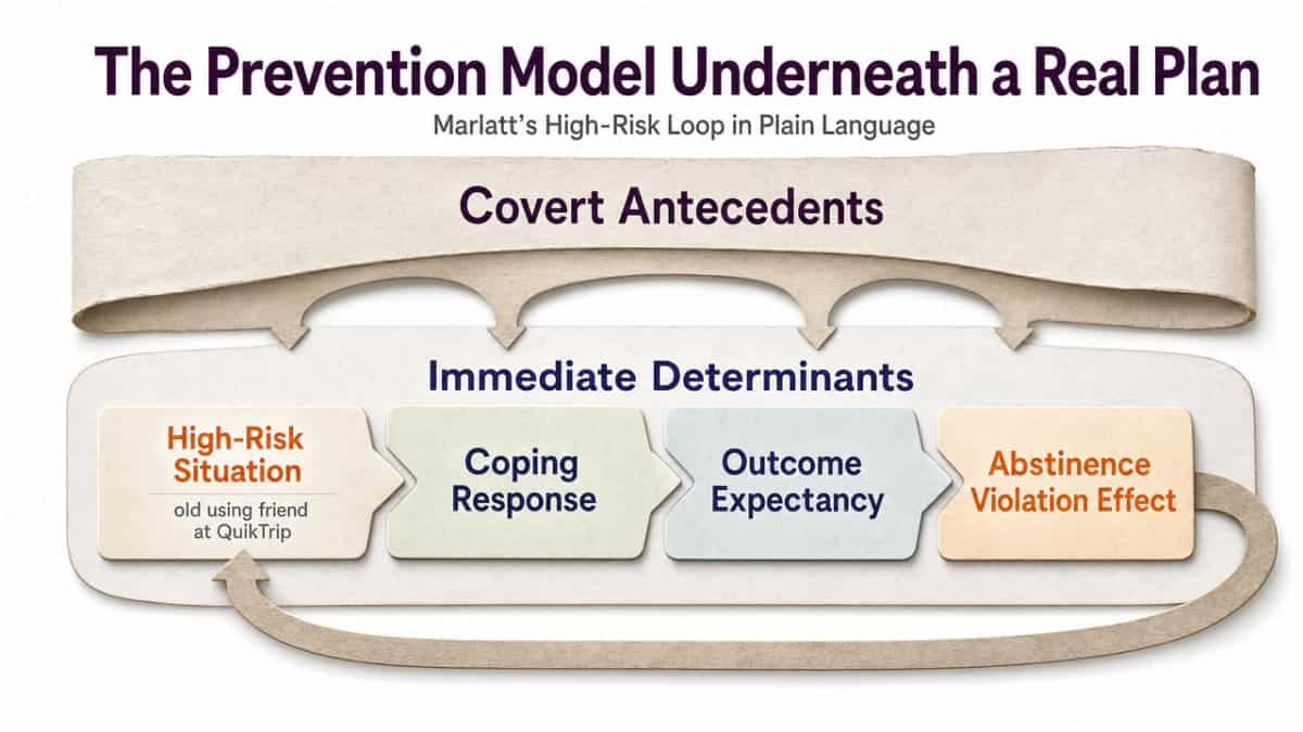 Process infographic visualizing the two-layer Marlatt relapse prevention framework described in this section (immediate determinants vs covert antecedents)