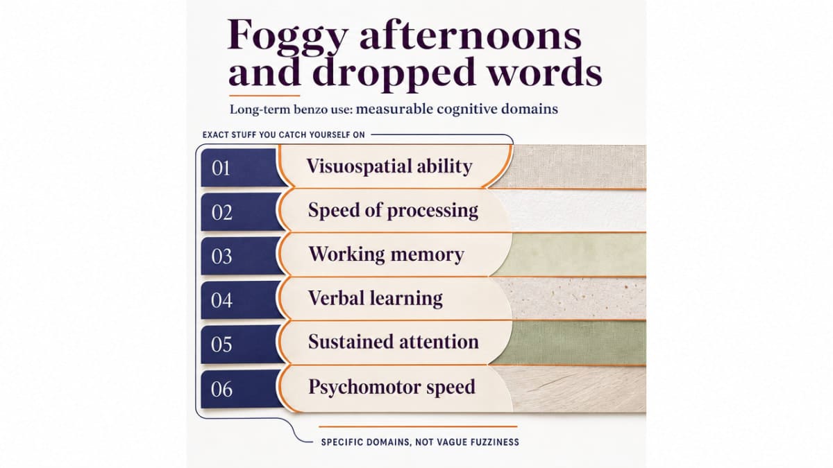 Visualize the six specific cognitive domains cited in the section as measurably impaired in long-term benzodiazepine users, reinforcing the article's claim with the same reference