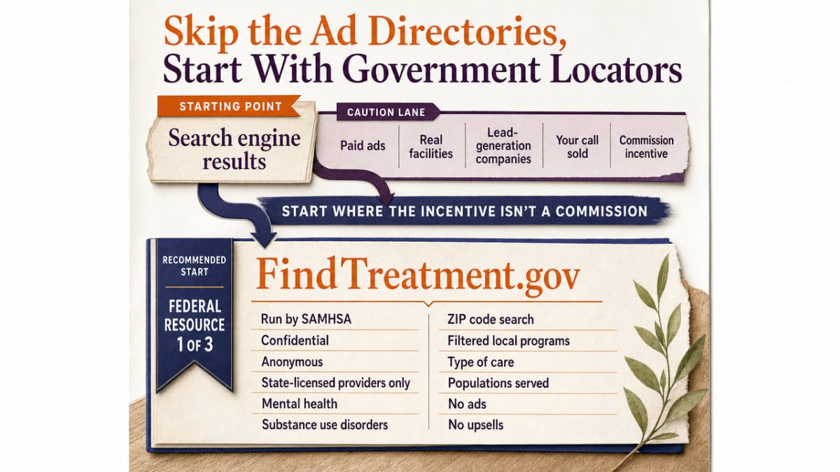 Visualize the recommended starting workflow for finding a trusted treatment center using government tools instead of ad directories, mirroring the three federal resources described in this section