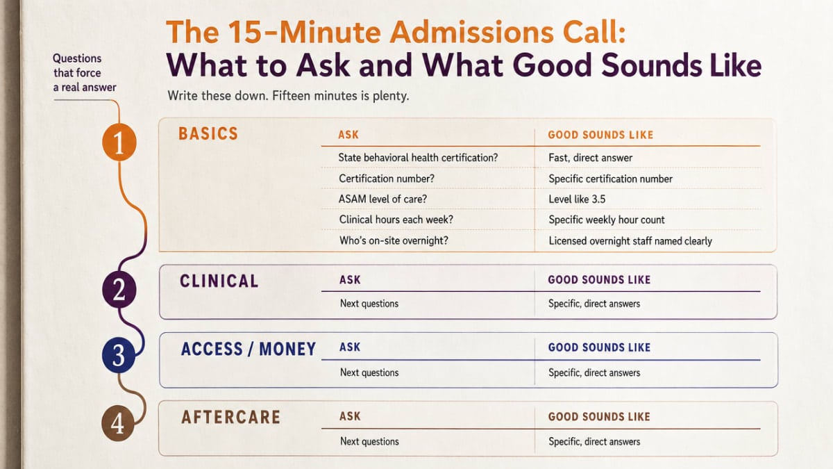 Give readers a scannable, section-specific checklist of the exact questions to ask during the admissions call, organized by the three phases described in the prose (basics, clinical, access/money) plus aftercare