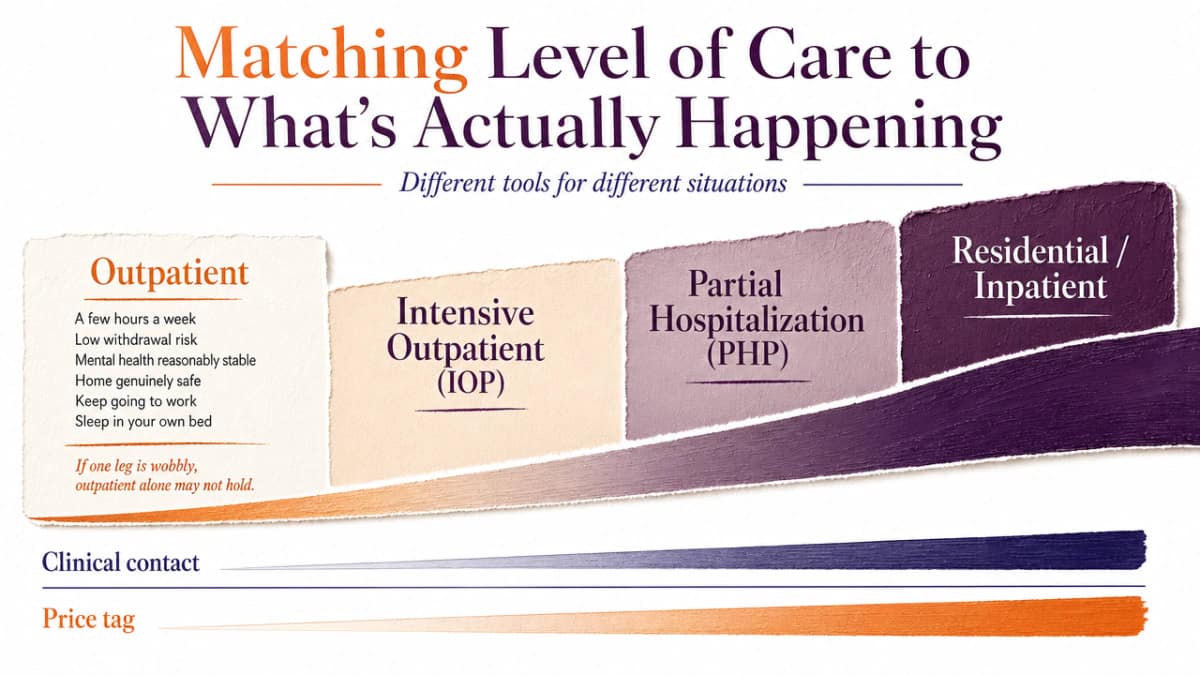 Compare the four SAMHSA levels of care described in this section by intensity and fit, helping readers match their self-check answers to a setting