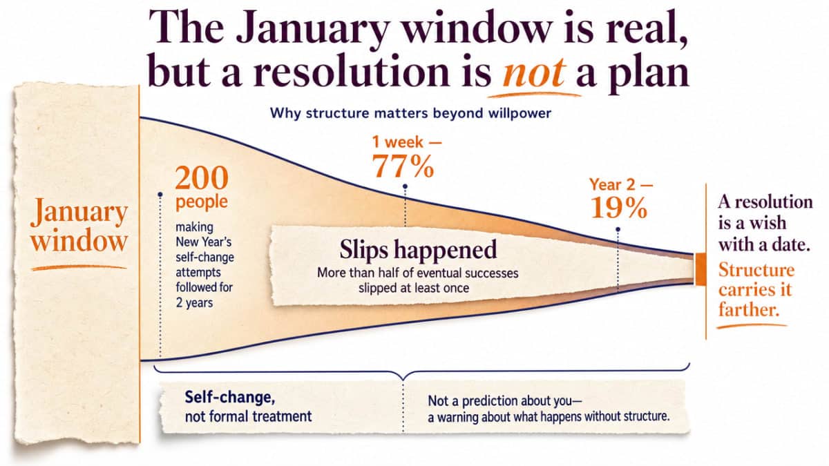 Visualize the longitudinal resolution-maintenance data cited in this section to show why structure matters beyond willpower