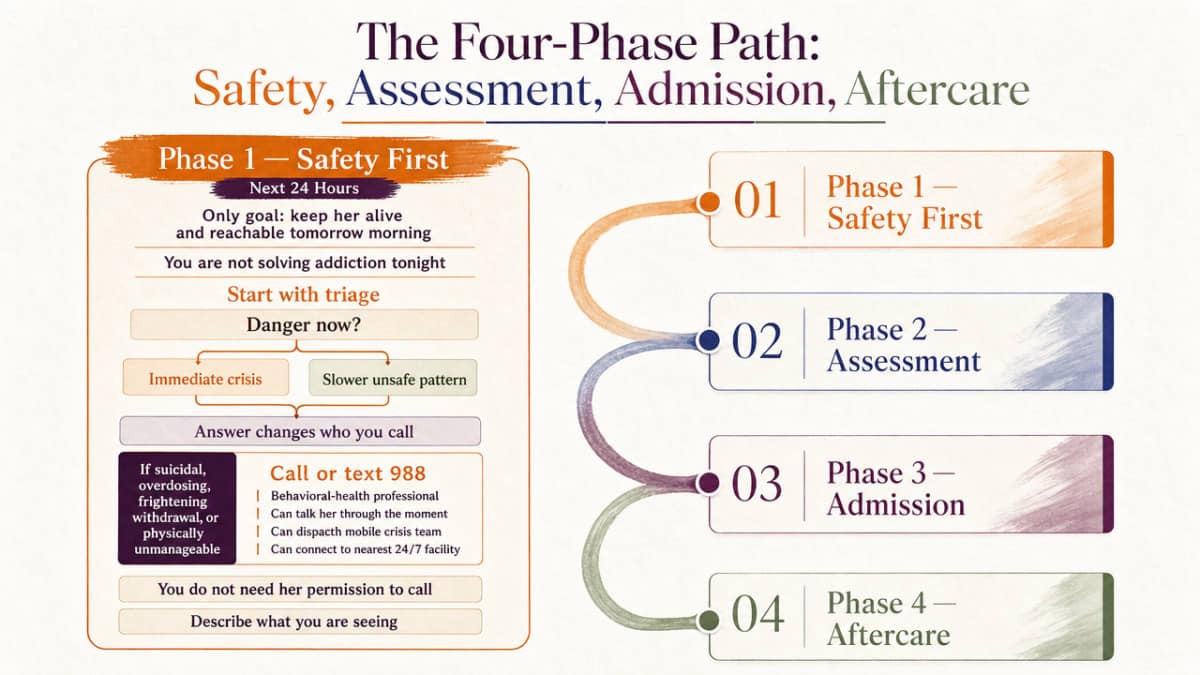 Visualize the four-phase operating path the section describes, giving parents a scannable workflow from crisis to aftercare that mirrors the article's framework