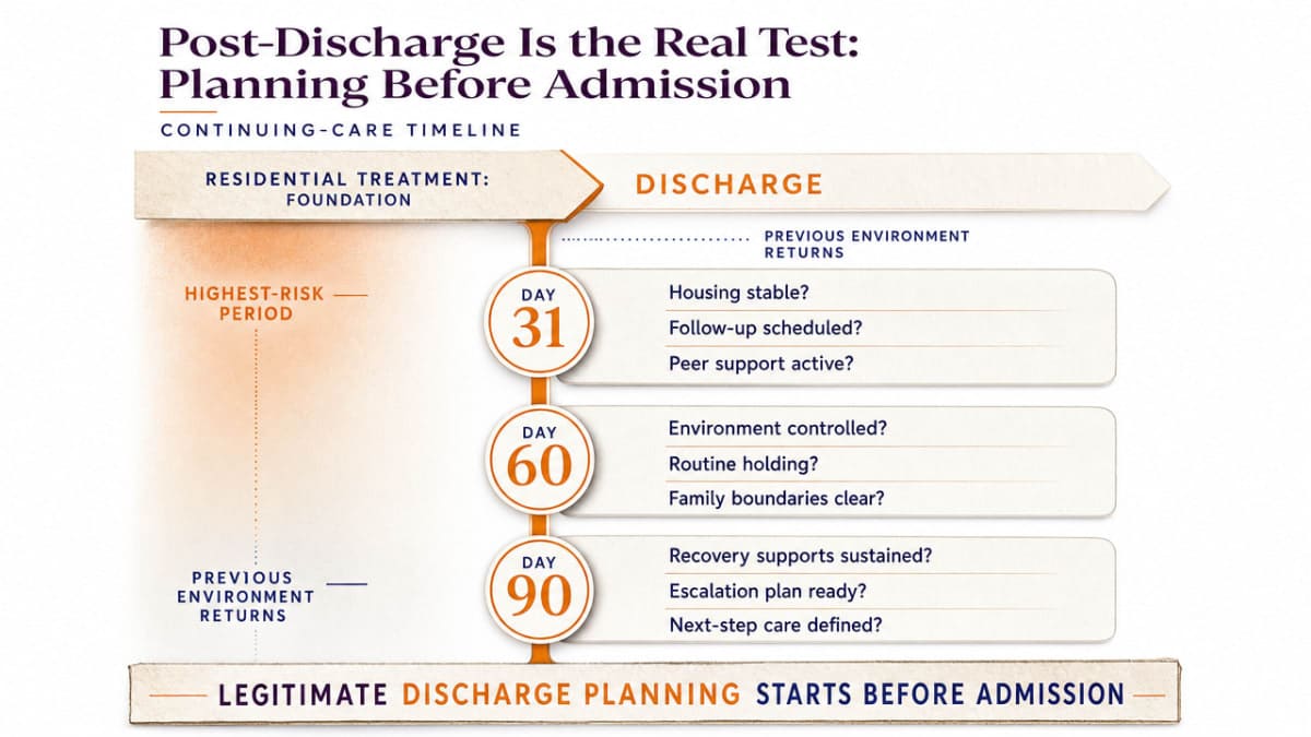 Translate the section's day 31 / 60 / 90 continuing-care questions into a process timeline so readers see what a legitimate discharge plan should sequence