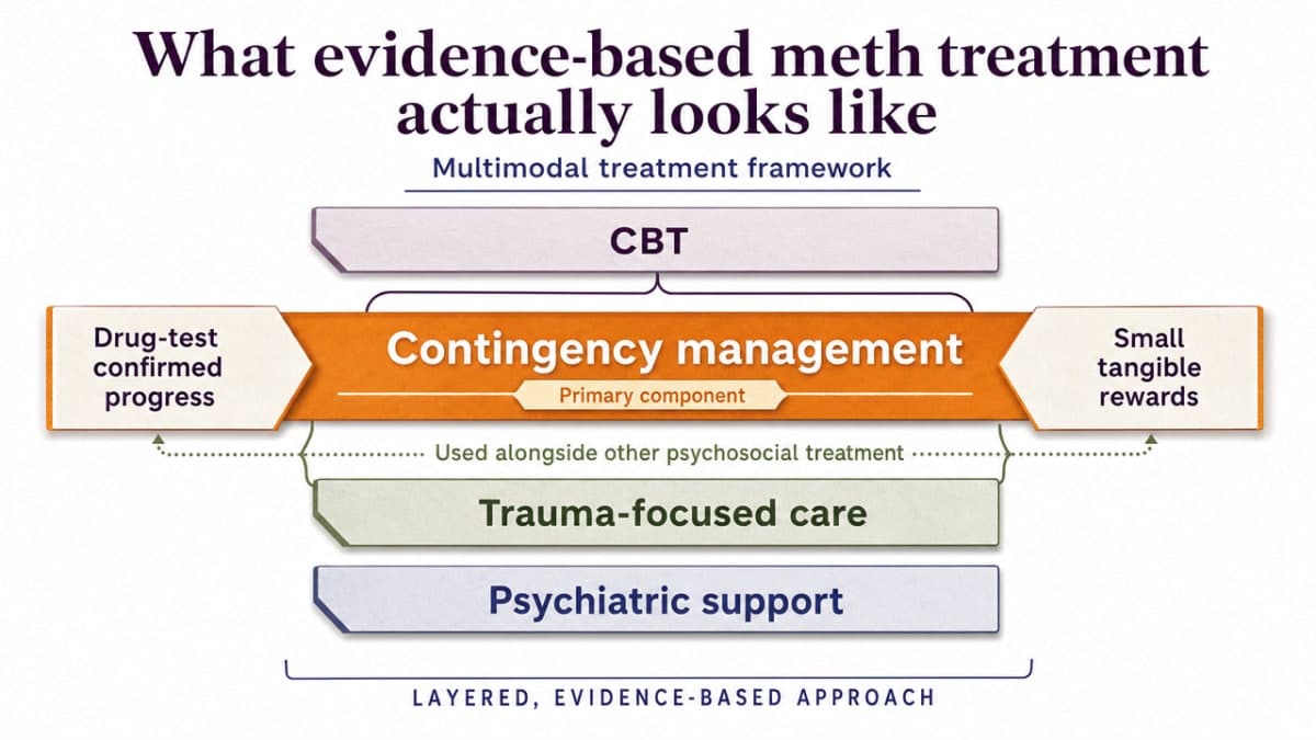 Process infographic visualizing the multimodal, layered treatment framework described in this section (CM + CBT + trauma-focused care + psychiatric support), which the article explicitly presents as the evidence-based approach