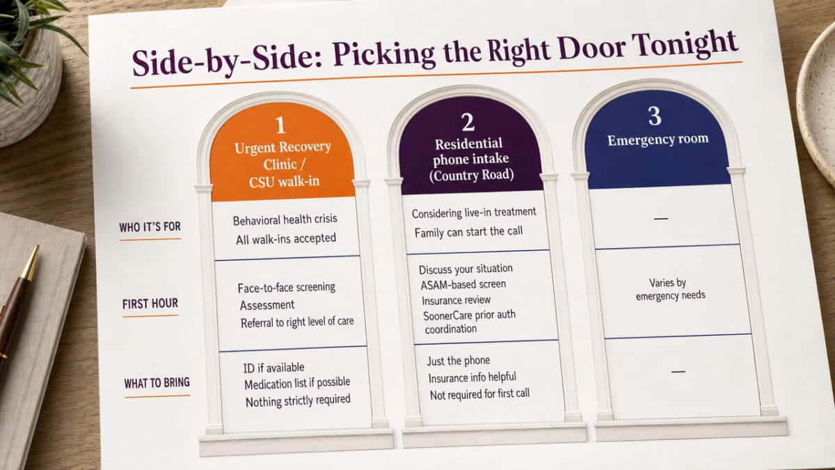 Visualize the three access pathways (Urgent Recovery Clinic/CSU walk-in, residential phone intake, and emergency room) described in this section as a comparison framework, helping readers quickly match their situation to the right door