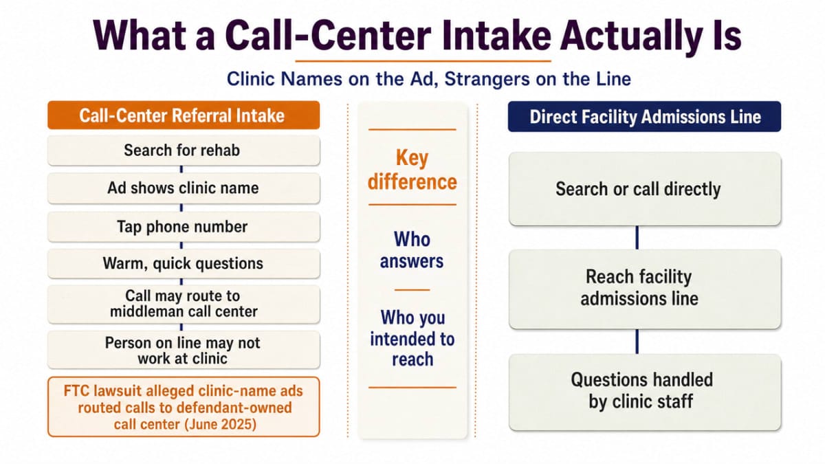 Side-by-side comparison contrasting a third-party referral call center with a direct facility admissions line, directly supporting the section's explanation of the two models described in FTC actions