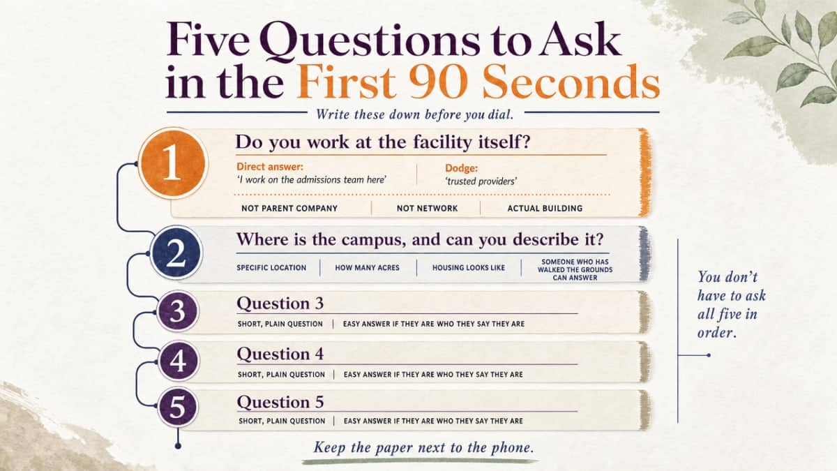 Process infographic listing the five vetting questions from the section as a numbered checklist a caller can keep next to the phone